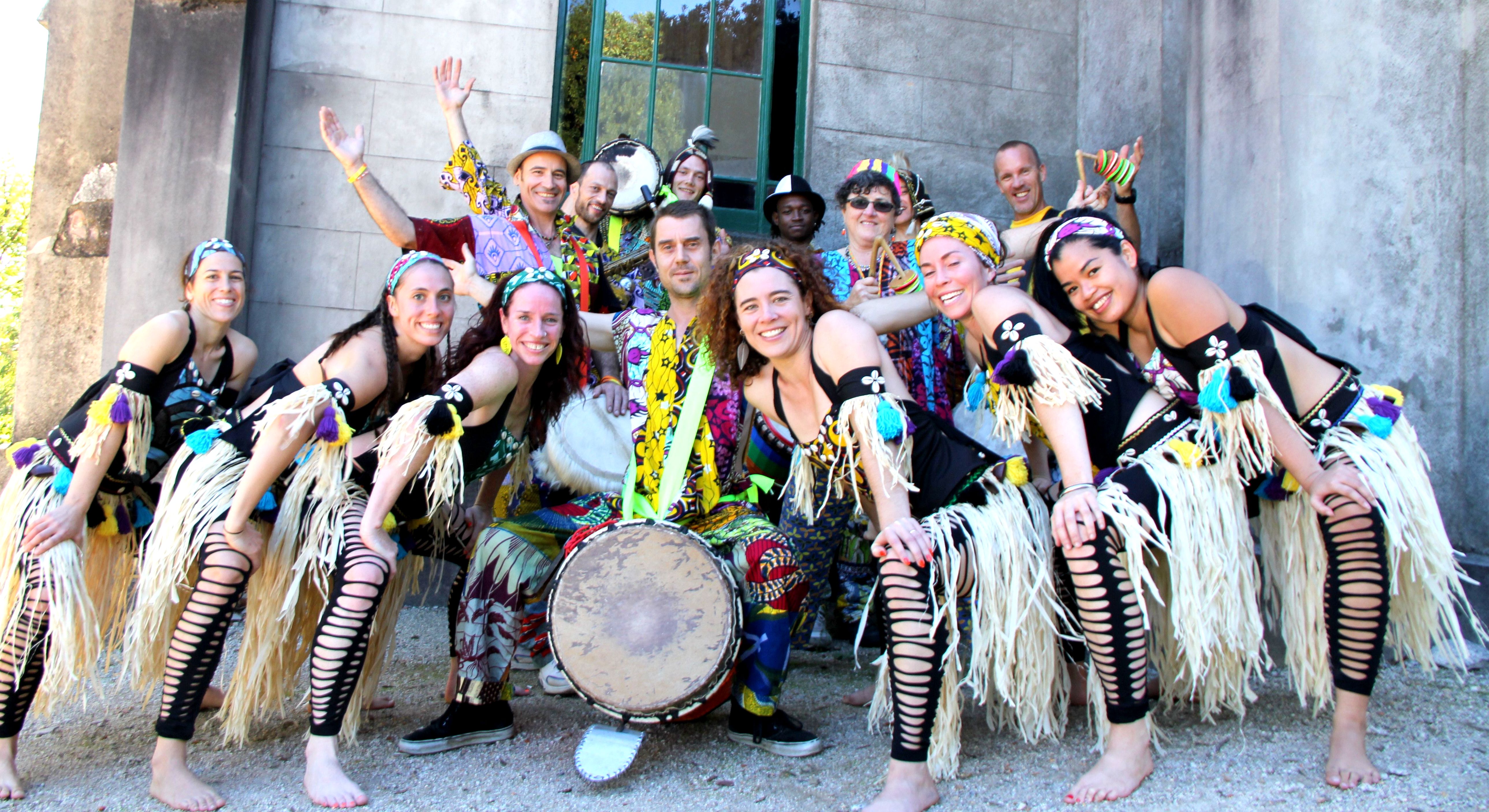 Drummers and dancers posing for a photo at Beechworth festival
